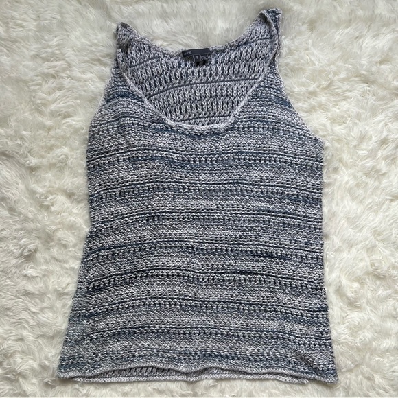 Vince Tops - Vince Blue and White Linen-Blend Crochet Tank Top